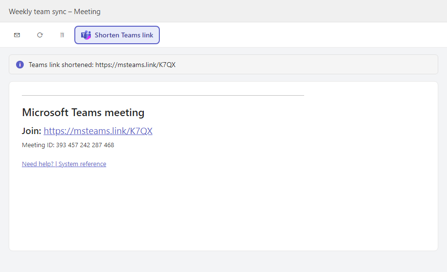 Outlook meeting invite where the Teams join link was replaced by a short msteams.link link
