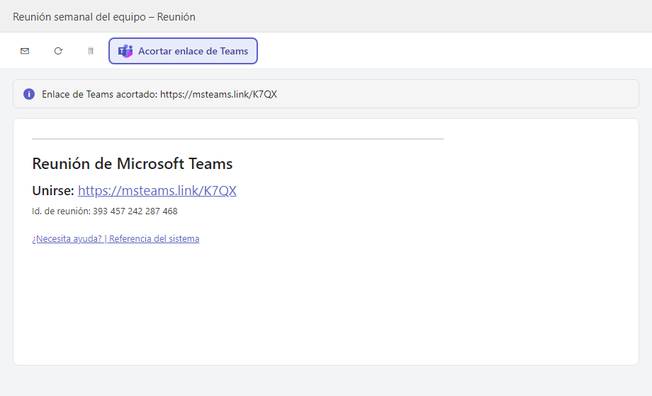Invitación de Outlook cuyo enlace de reunión de Teams se reemplazó por un enlace corto de msteams.link