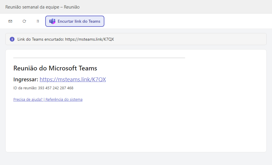 Convite do Outlook em que o link da reunião do Teams foi substituído por um link curto do msteams.link